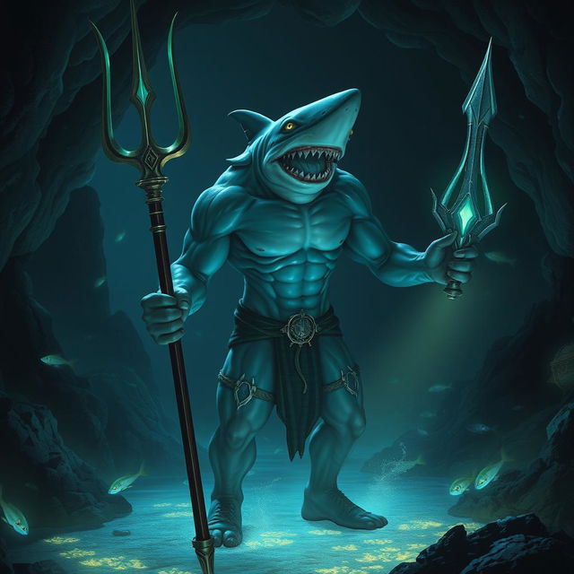 A fantasy scene featuring an evil hybrid shark-human, combining fierce shark attributes with a muscular human physique, complete with sharp teeth and gills