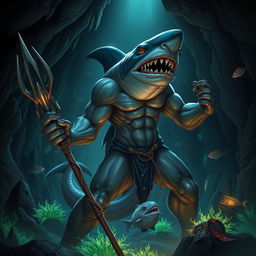 A fantasy scene featuring an evil hybrid shark-human, combining fierce shark attributes with a muscular human physique, complete with sharp teeth and gills