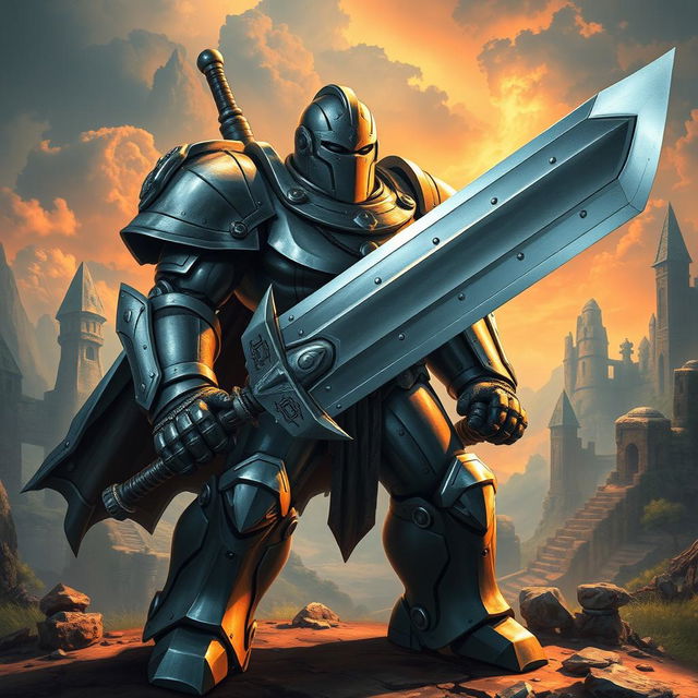 A fully armored Dungeons & Dragons warforged character resembling Alphonse Elric from Fullmetal Alchemist, standing tall and determined while wielding a massive greatsword