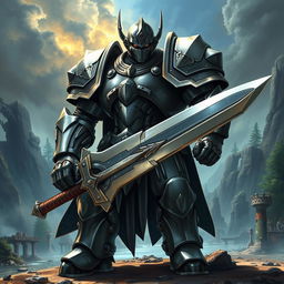 A fully armored Dungeons & Dragons warforged character resembling Alphonse Elric from Fullmetal Alchemist, standing tall and determined while wielding a massive greatsword