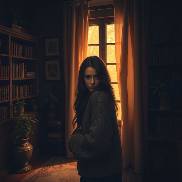 A mysterious scene depicting a woman peering through a slightly open curtain of a window in her cozy yet dimly lit home, the atmosphere hinting at secrecy