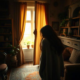 A mysterious scene depicting a woman peering through a slightly open curtain of a window in her cozy yet dimly lit home, the atmosphere hinting at secrecy