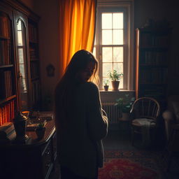 A mysterious scene depicting a woman peering through a slightly open curtain of a window in her cozy yet dimly lit home, the atmosphere hinting at secrecy