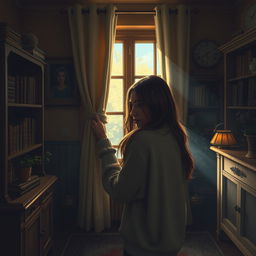 A mysterious scene depicting a woman peering through a slightly open curtain of a window in her cozy yet dimly lit home, the atmosphere hinting at secrecy