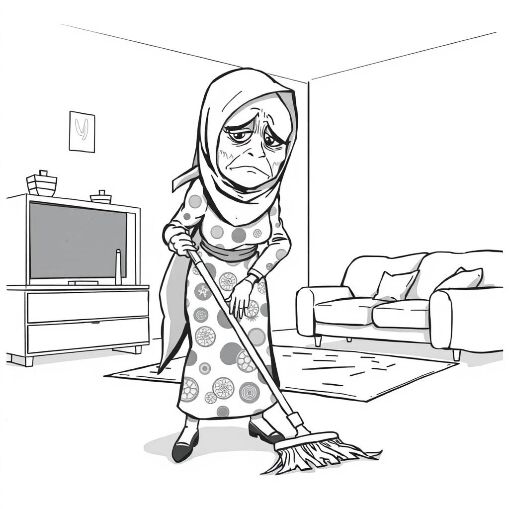 A black and white illustration of a stylized, non-realistic housewife wearing a hijab, looking unhappy while sweeping the living room and leaning towards the ground