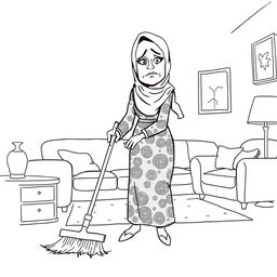 A black and white illustration of a stylized, non-realistic housewife wearing a hijab, looking unhappy while sweeping the living room and leaning towards the ground