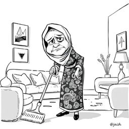 A black and white illustration of a stylized, non-realistic housewife wearing a hijab, looking unhappy while sweeping the living room and leaning towards the ground