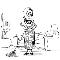 A black and white illustration of a stylized, non-realistic housewife wearing a hijab, looking unhappy while sweeping the living room and leaning towards the ground