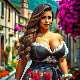 A beautiful Italian woman with curvy figures and large breasts, dressed in a sexy traditional outfit that showcases her deep neckline