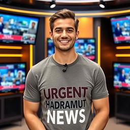 A handsome Arab television presenter in his thirties wearing a stylish t-shirt that reads 'Urgent Hadramout News' in bold letters