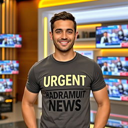 A handsome Arab television presenter in his thirties wearing a stylish t-shirt that reads 'Urgent Hadramout News' in bold letters