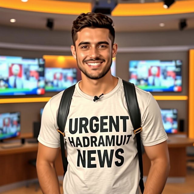 A handsome Arab television presenter in his thirties wearing a stylish t-shirt that reads 'Urgent Hadramout News' in bold letters