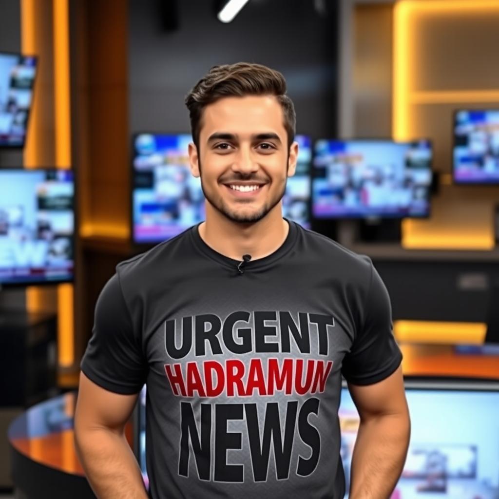 A handsome Arab television presenter in his thirties wearing a stylish t-shirt that reads 'Urgent Hadramout News' in bold letters