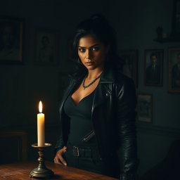 Jasmine, a fierce and determined woman, stands in a dimly lit room surrounded by shadows, her expression filled with intensity and resolve
