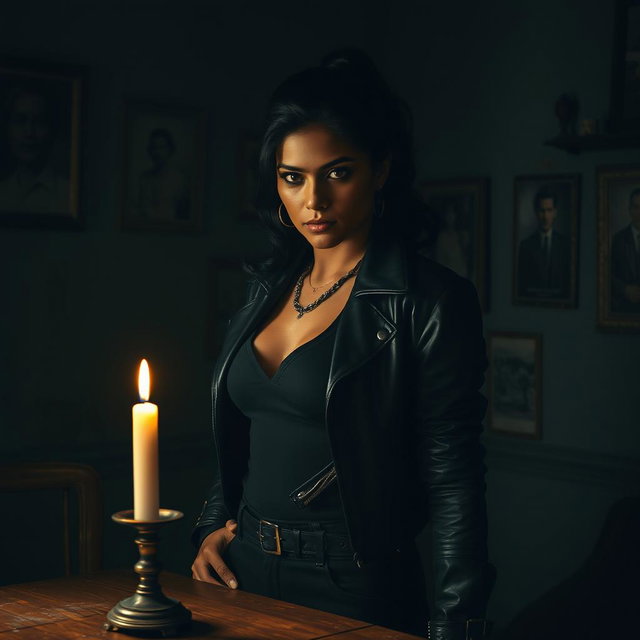 Jasmine, a fierce and determined woman, stands in a dimly lit room surrounded by shadows, her expression filled with intensity and resolve