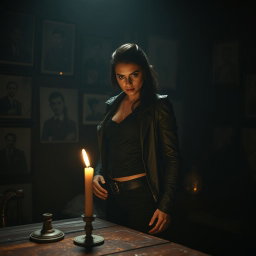 Jasmine, a fierce and determined woman, stands in a dimly lit room surrounded by shadows, her expression filled with intensity and resolve