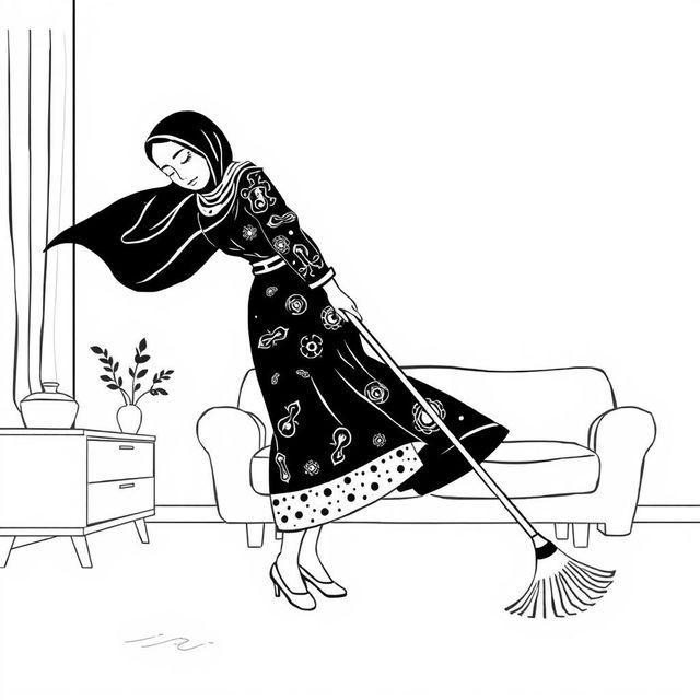 A black and white illustration of a stylized, non-realistic housewife, her face not shown, wearing a hijab as she sweeps the living room while leaning towards the ground