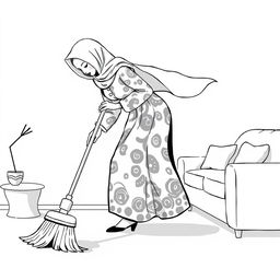 A black and white illustration of a stylized, non-realistic housewife, her face not shown, wearing a hijab as she sweeps the living room while leaning towards the ground