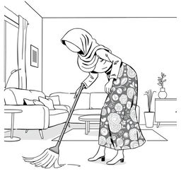 A black and white illustration of a stylized, non-realistic housewife, her face not shown, wearing a hijab as she sweeps the living room while leaning towards the ground
