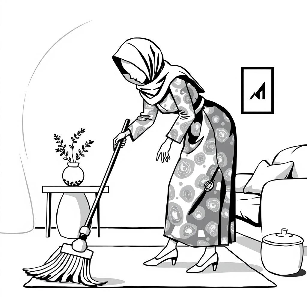 A black and white illustration of a stylized, non-realistic housewife, her face not shown, wearing a hijab as she sweeps the living room while leaning towards the ground
