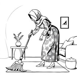 A black and white illustration of a stylized, non-realistic housewife, her face not shown, wearing a hijab as she sweeps the living room while leaning towards the ground