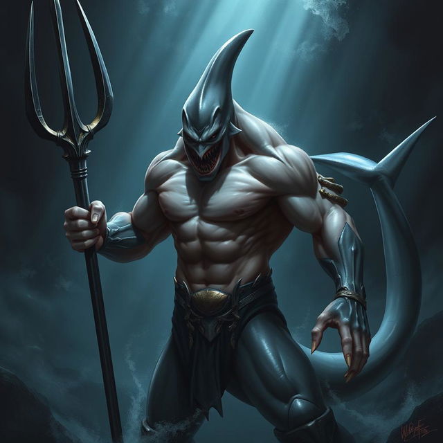 A menacing half-human half-shark creature, showcasing a muscular human body combined with shark-like features such as gills, sharp teeth, and a sleek, powerful tail