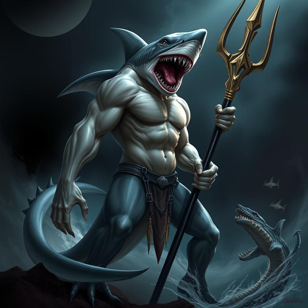 A menacing half-human half-shark creature, showcasing a muscular human body combined with shark-like features such as gills, sharp teeth, and a sleek, powerful tail