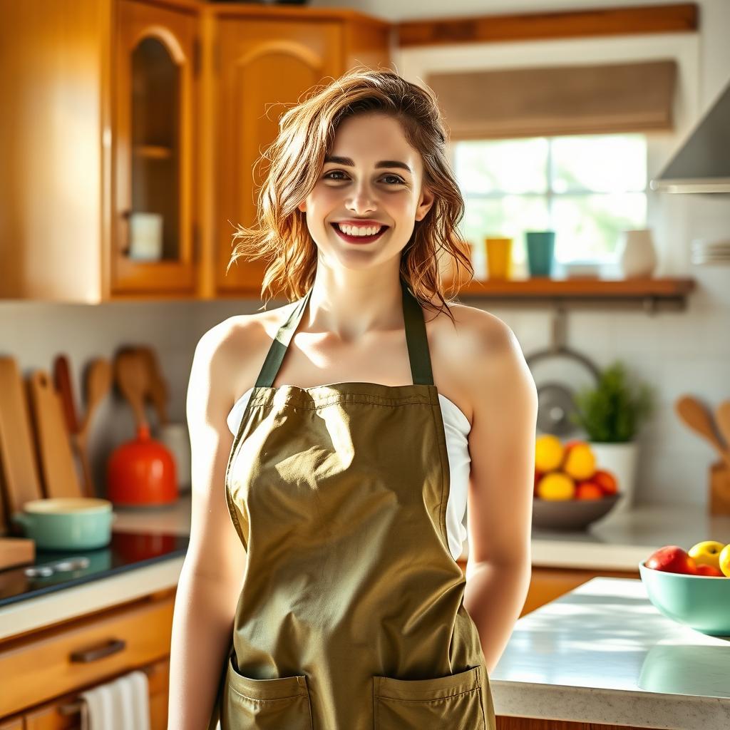 A young woman wearing a wet kitchen apron, standing in a cozy kitchen filled with sunlight