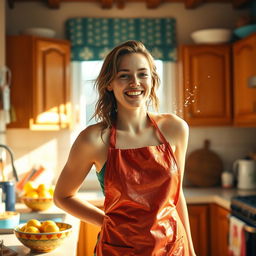 A young woman wearing a wet kitchen apron, standing in a cozy kitchen filled with sunlight