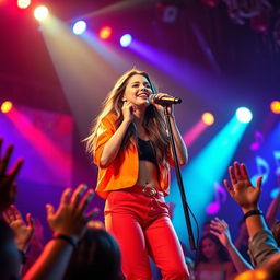 A passionate young singer performing on stage, radiating confidence and charm
