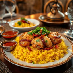 A steaming plate of beautifully arranged chicken mandi, featuring tender, fragrant spiced chicken resting on a bed of perfectly cooked fluffy yellow rice infused with saffron and a blend of spices