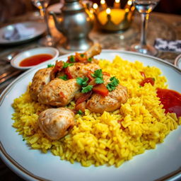 A steaming plate of beautifully arranged chicken mandi, featuring tender, fragrant spiced chicken resting on a bed of perfectly cooked fluffy yellow rice infused with saffron and a blend of spices