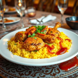 A steaming plate of beautifully arranged chicken mandi, featuring tender, fragrant spiced chicken resting on a bed of perfectly cooked fluffy yellow rice infused with saffron and a blend of spices