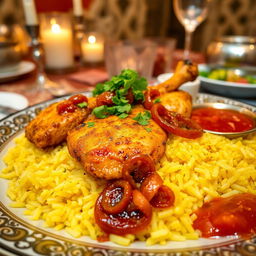 A steaming plate of beautifully arranged chicken mandi, featuring tender, fragrant spiced chicken resting on a bed of perfectly cooked fluffy yellow rice infused with saffron and a blend of spices