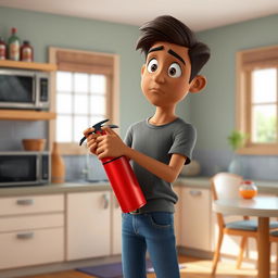 A young male character with brown skin, wearing a gray t-shirt and blue jeans, stands in a modern kitchen