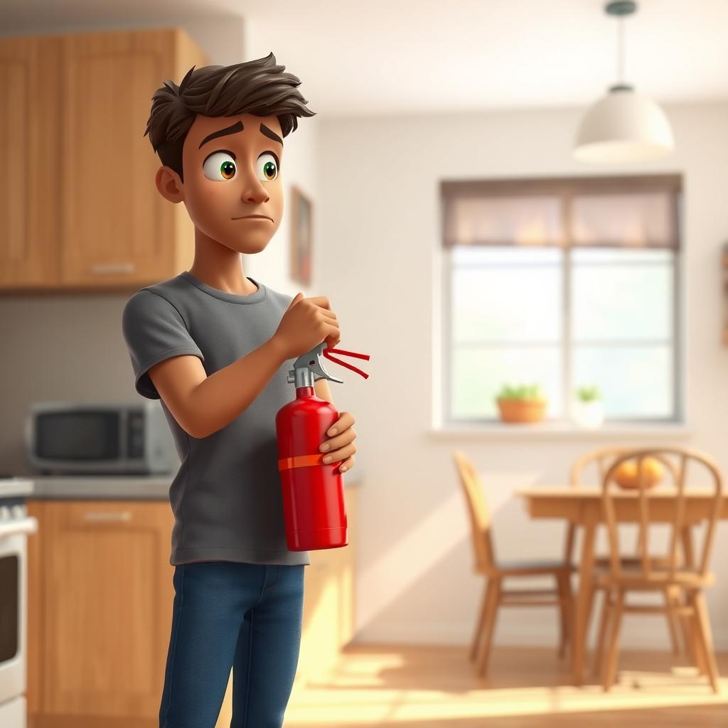 A young male character with brown skin, wearing a gray t-shirt and blue jeans, stands in a modern kitchen