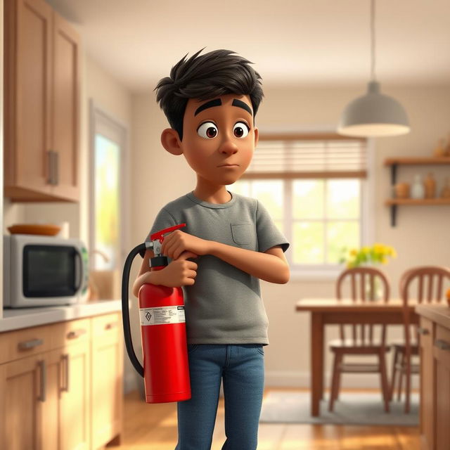 A young male character with brown skin, wearing a gray t-shirt and blue jeans, stands in a modern kitchen