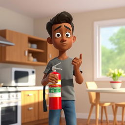 A young male character with brown skin, wearing a gray t-shirt and blue jeans, stands in a modern kitchen