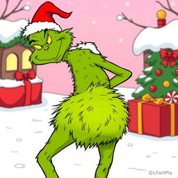 A humorous cartoon scene featuring the Grinch after playfully removing his pants, revealing his signature fluffy green backside