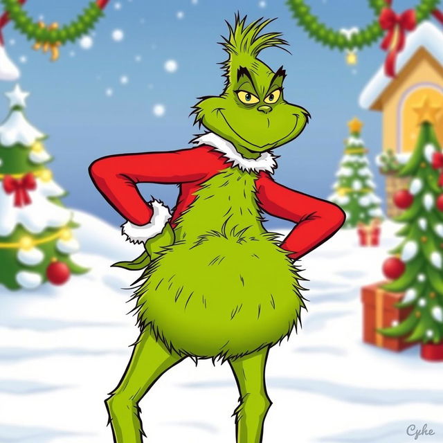 A humorous cartoon scene featuring the Grinch after playfully removing his pants, revealing his signature fluffy green backside