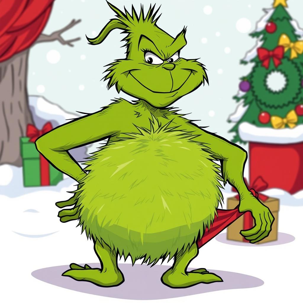 A humorous cartoon scene featuring the Grinch after playfully removing his pants, revealing his signature fluffy green backside