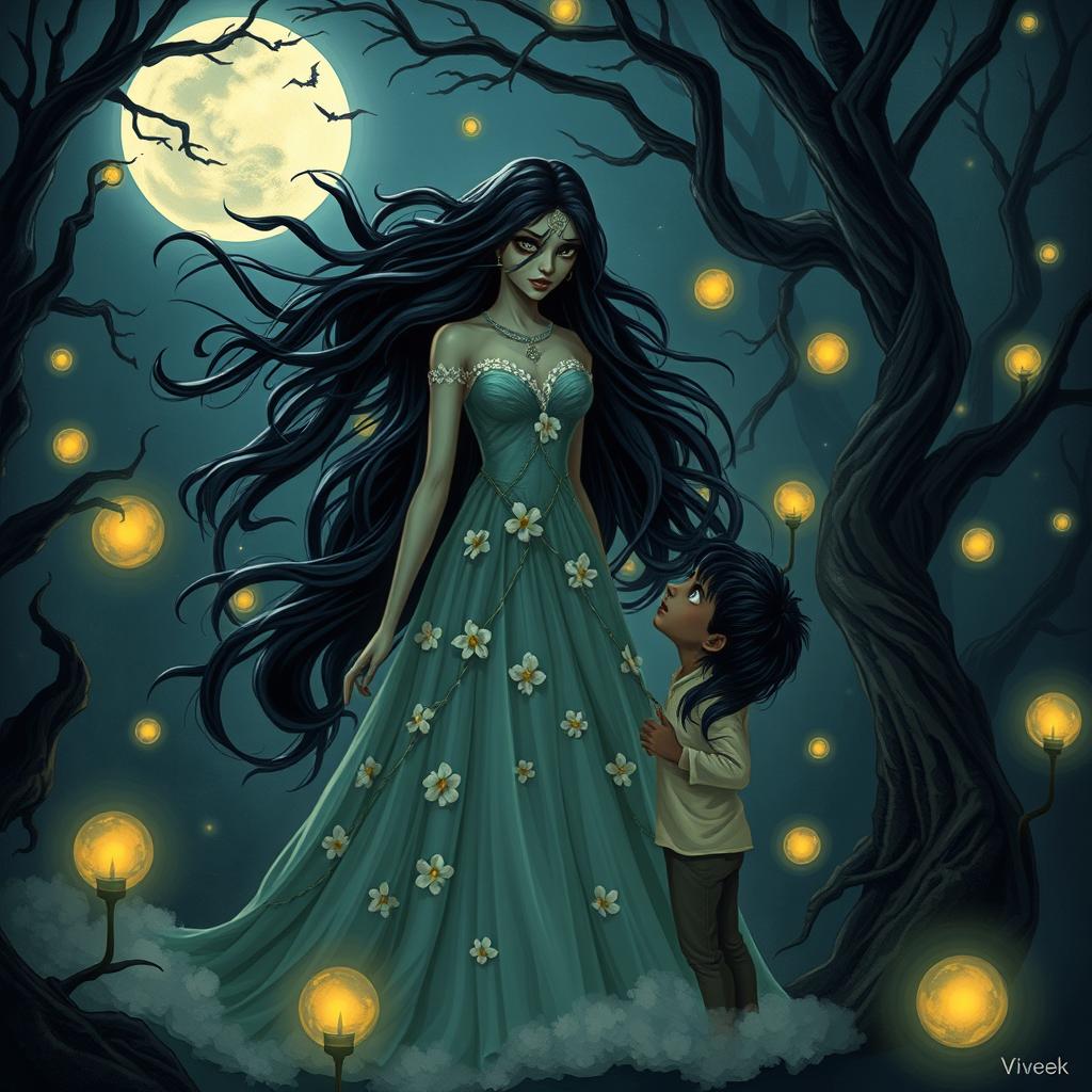 A mystical scene featuring a beautiful and menacing chameli chudail (jasmine witch) with flowing dark hair and piercing eyes, standing in a moonlit forest