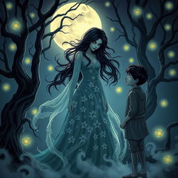 A mystical scene featuring a beautiful and menacing chameli chudail (jasmine witch) with flowing dark hair and piercing eyes, standing in a moonlit forest