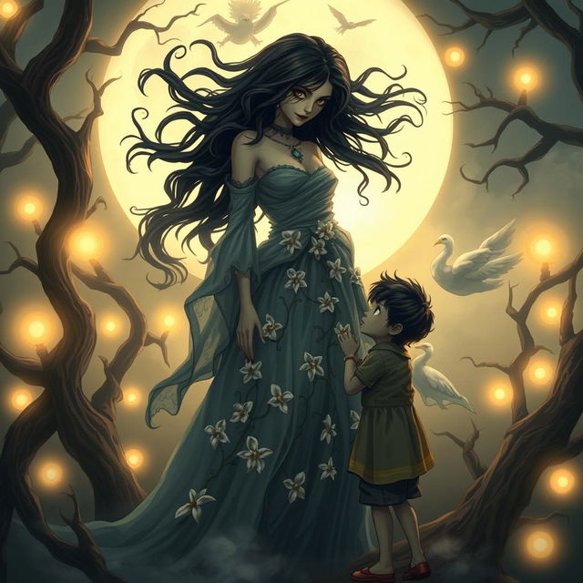 A mystical scene featuring a beautiful and menacing chameli chudail (jasmine witch) with flowing dark hair and piercing eyes, standing in a moonlit forest