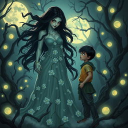A mystical scene featuring a beautiful and menacing chameli chudail (jasmine witch) with flowing dark hair and piercing eyes, standing in a moonlit forest