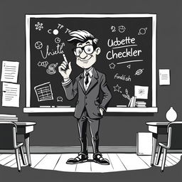 A black and white illustration of a stylized, non-realistic English teacher standing in front of a blackboard, writing something with a piece of chalk