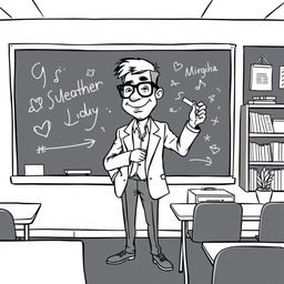 A black and white illustration of a stylized, non-realistic English teacher standing in front of a blackboard, writing something with a piece of chalk