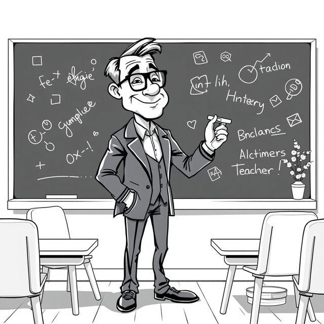 A black and white illustration of a stylized, non-realistic English teacher standing in front of a blackboard, writing something with a piece of chalk