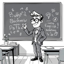 A black and white illustration of a stylized, non-realistic English teacher standing in front of a blackboard, writing something with a piece of chalk