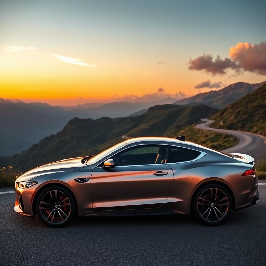 A stunning car parked on a scenic mountain road with a beautiful sunset in the background